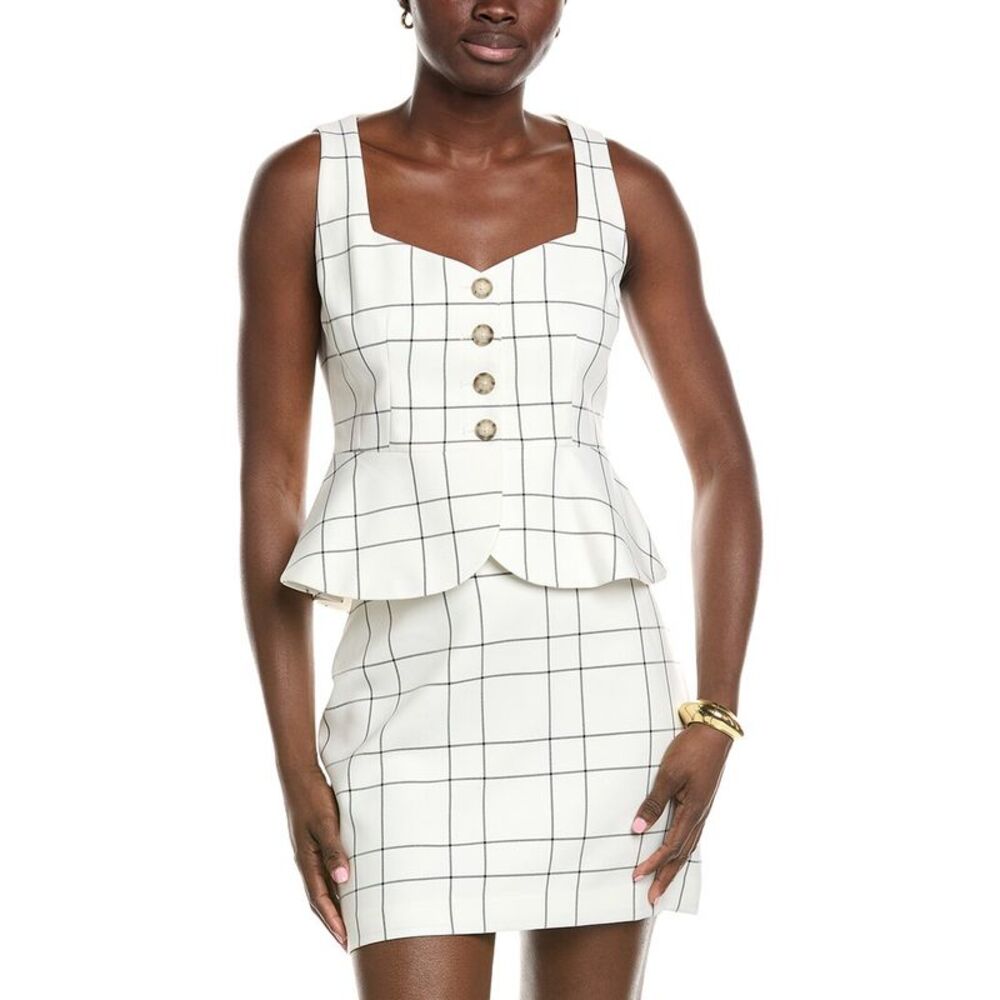 Kenneth Cole Womens Windowpane Plaid Curved Peplum Vest, Yellow